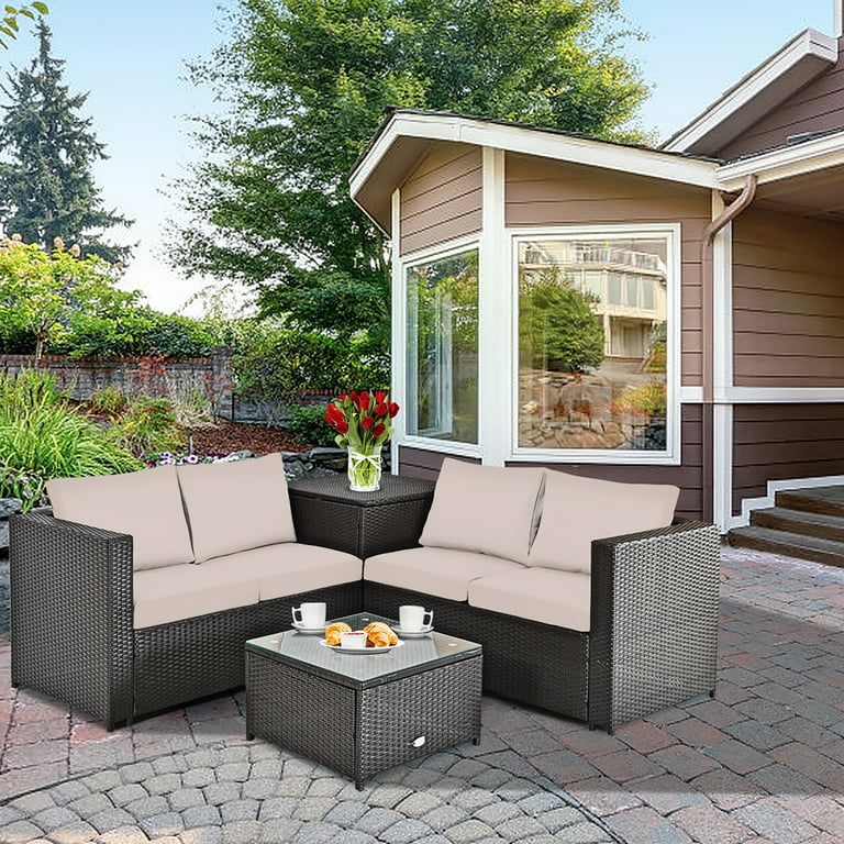 Costway 4 pc outdoor rattan furniture set loveseat sofa cushioned patio garden steel deals