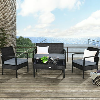 Costway 5PCS Patio Rattan Wicker Furniture Set Sofa Ottoman Coffee Table  Cushioned Black