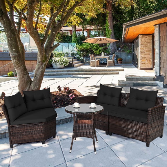 Costway 4PCS Outdoor Patio Rattan Furniture Set Cushioned Sofa Table Black