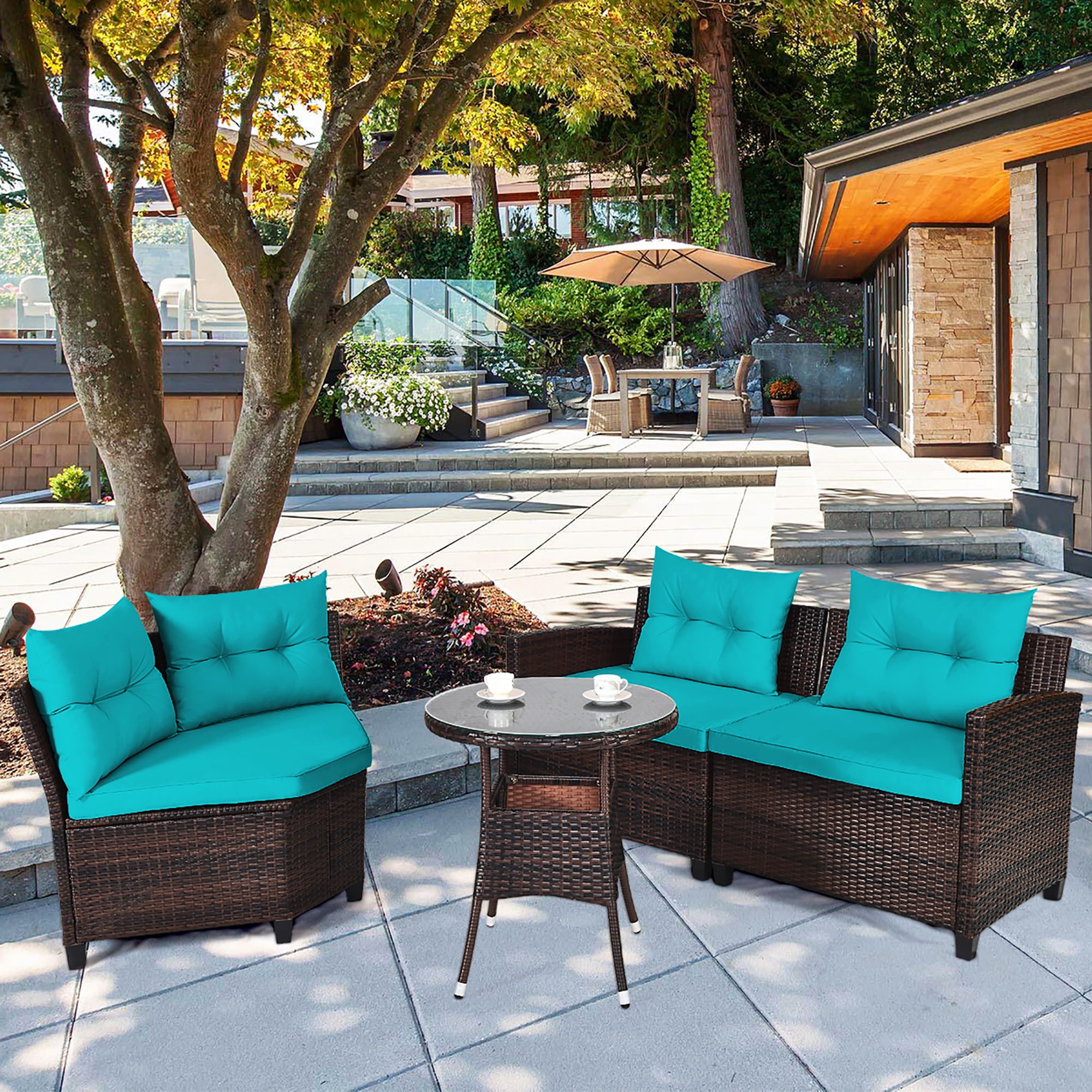 Turquoise Cushioned Rattan Outdoor Furniture Set with Glass Table