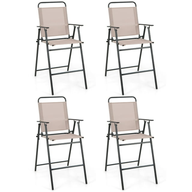 Costway 4PCS Patio Folding Barheight Chairs with Armrests Quickdrying Seat Beige Backyard