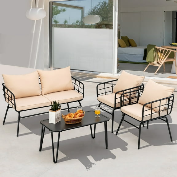 Costway 4PCS Patio Furniture Set Cushioned Sofa Loveseat Armrest Table Garden