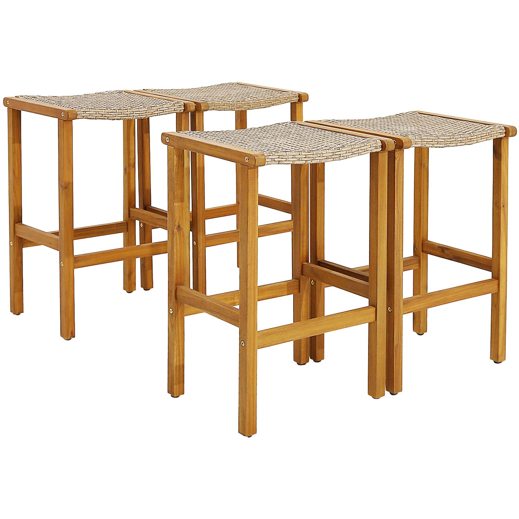 Costway 4PCS Patio PE Wicker Bar Stools with Acacia Wood Frame Bar ...