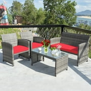 Costway 4PCS Patio Rattan Furniture Set Conversation Glass Table Top Cushioned Sofa