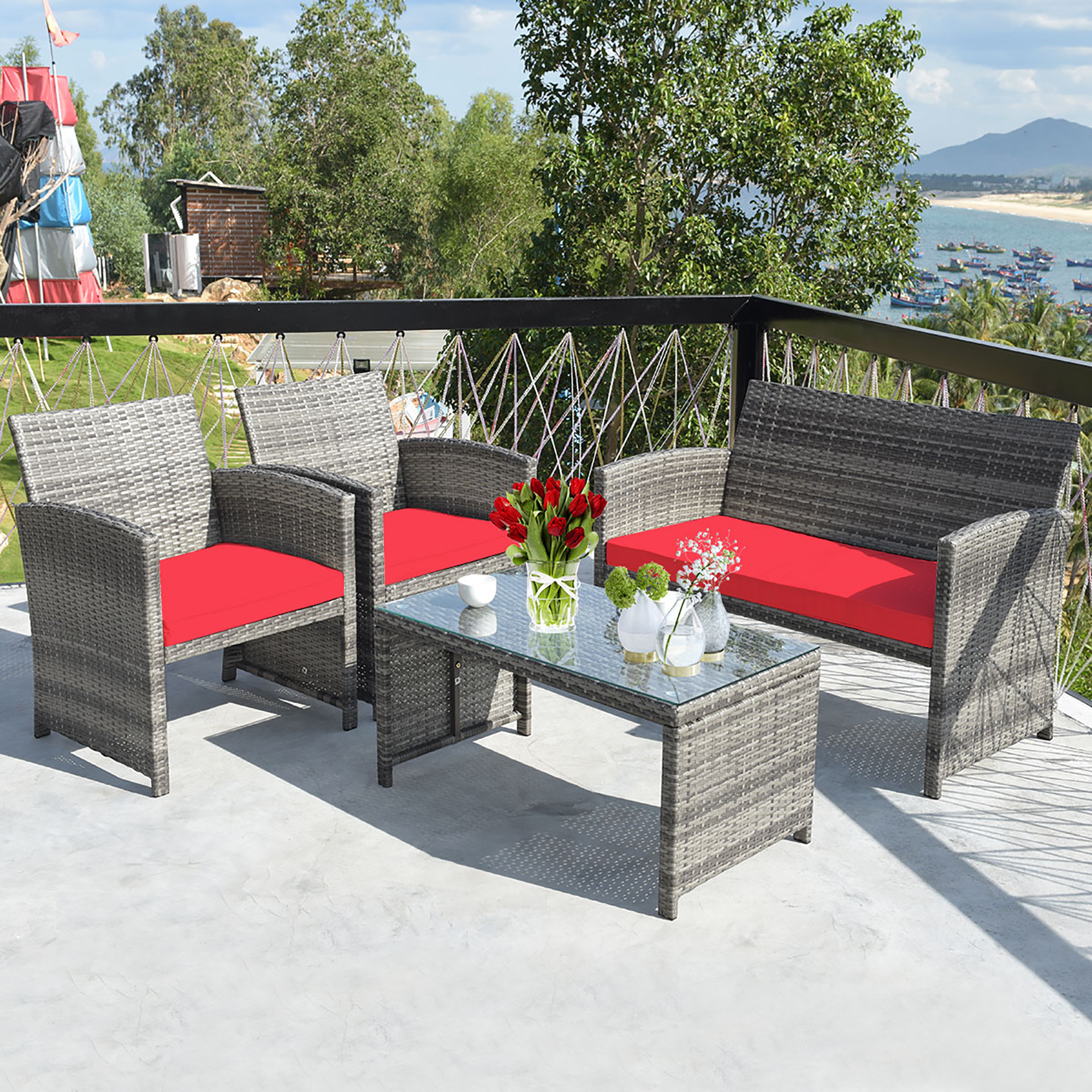 Costway 4PCS Patio Rattan Conversation Glass Table Top Cushioned Sofa Red - image 1 of 10