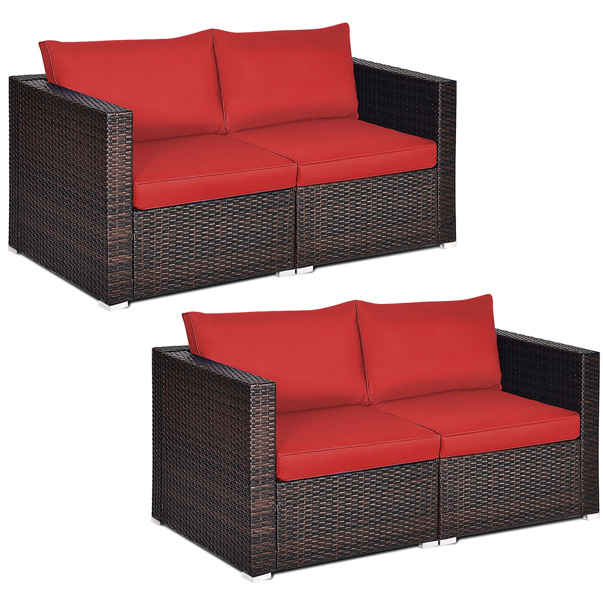 Costway 4PCS Patio Rattan Corner Sofa Sectional Furniture Set Red
