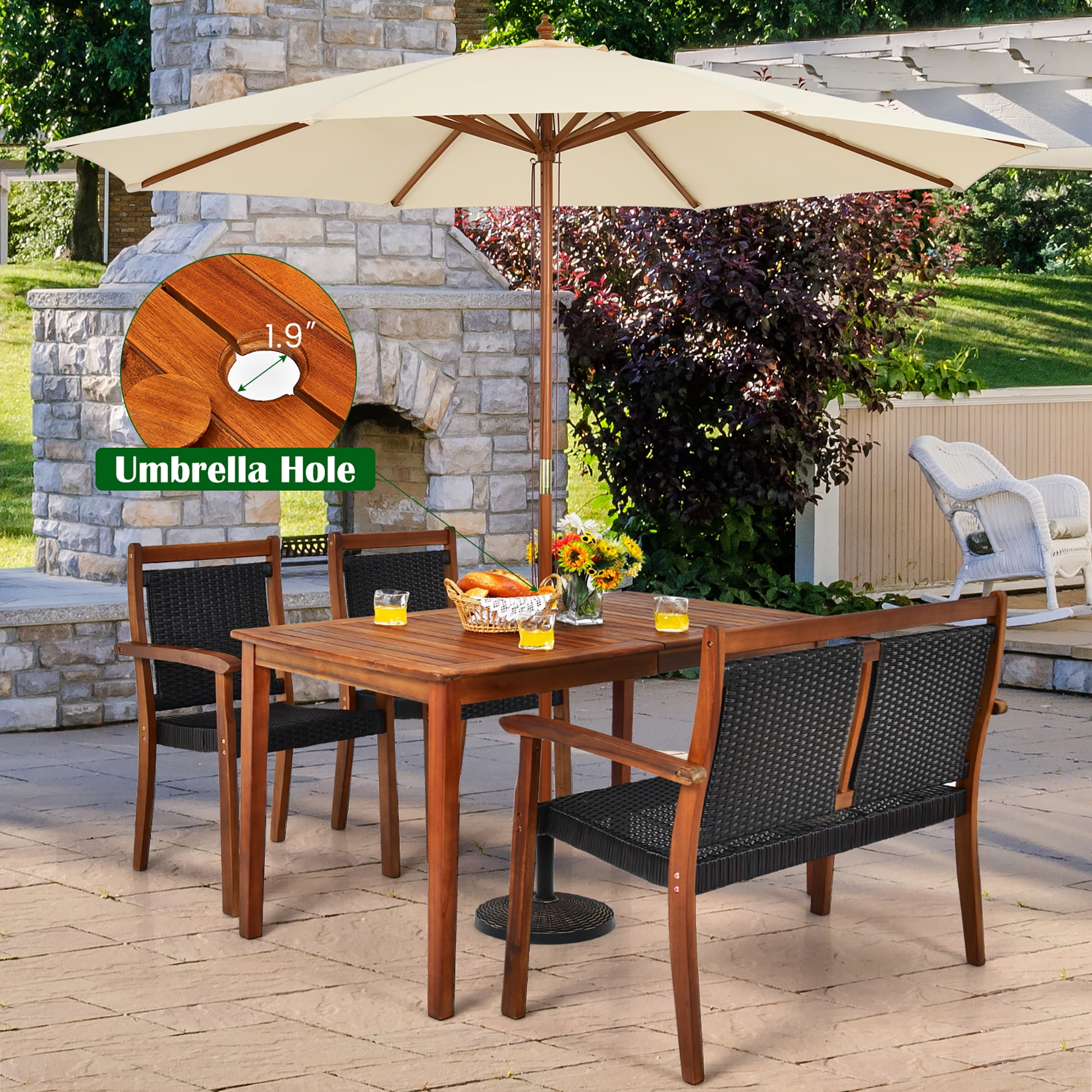4-Piece Brown Wood and Black Rattan Patio Dining Set