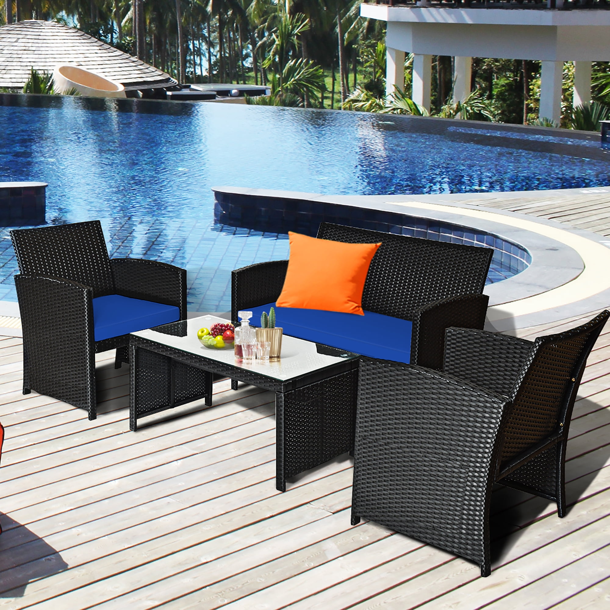 Navy Cushioned 4-Piece Black Rattan Patio Conversation Set