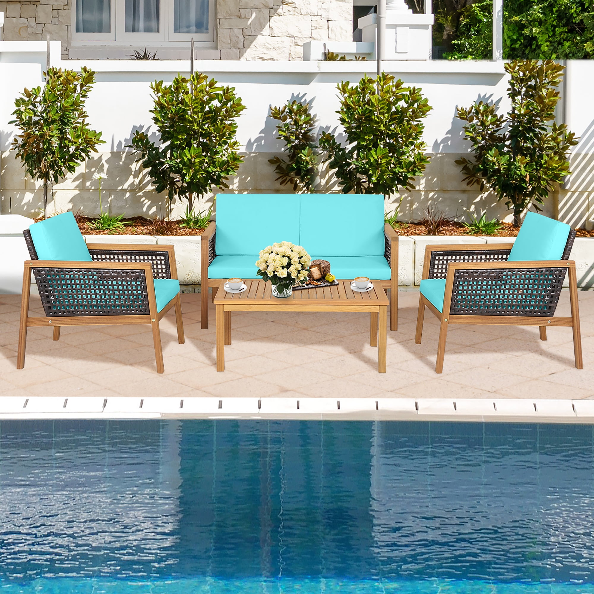 Costway 4PCS Patio Rattan Furniture Set Acacia Wood Cushioned Sofa Turquoise