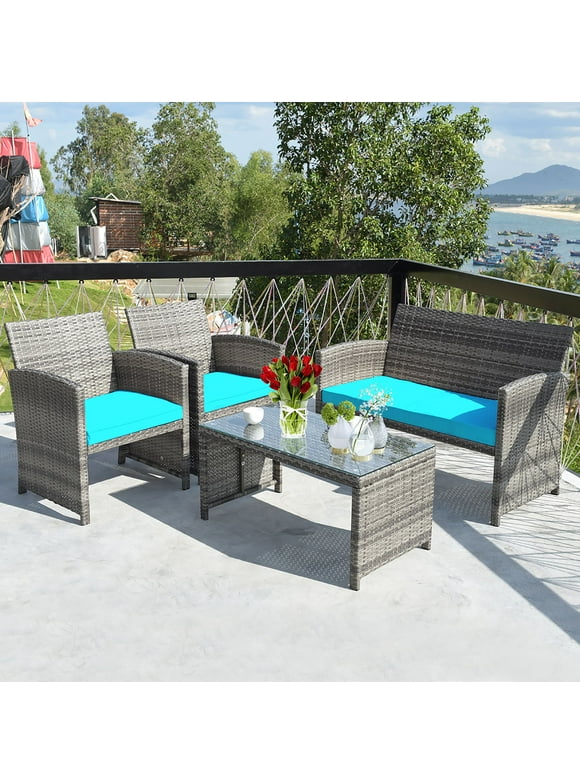 Costway 4PCS Patio Rattan Furniture Set Conversation Glass Table Top Cushioned Sofa Outdoor Turquoise