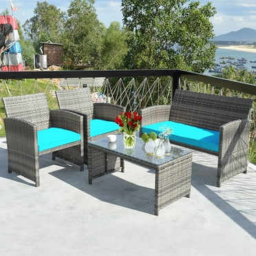 Costway 4PCS Patio Rattan Furniture Set Conversation Glass Table Top Cushioned Sofa