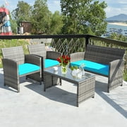 Costway 4PCS Patio Rattan Furniture Set Conversation Glass Table Top Cushioned Sofa