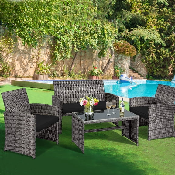 Costway 4PCS Patio Rattan Furniture Set Conversation Glass Table Top Sofa Cushioned, Black