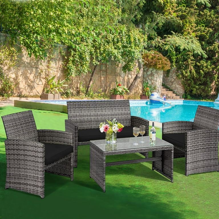 Costway 4pcs Patio Rattan Furniture Set Conversation Glass Table Top Sofa Cushioned Black