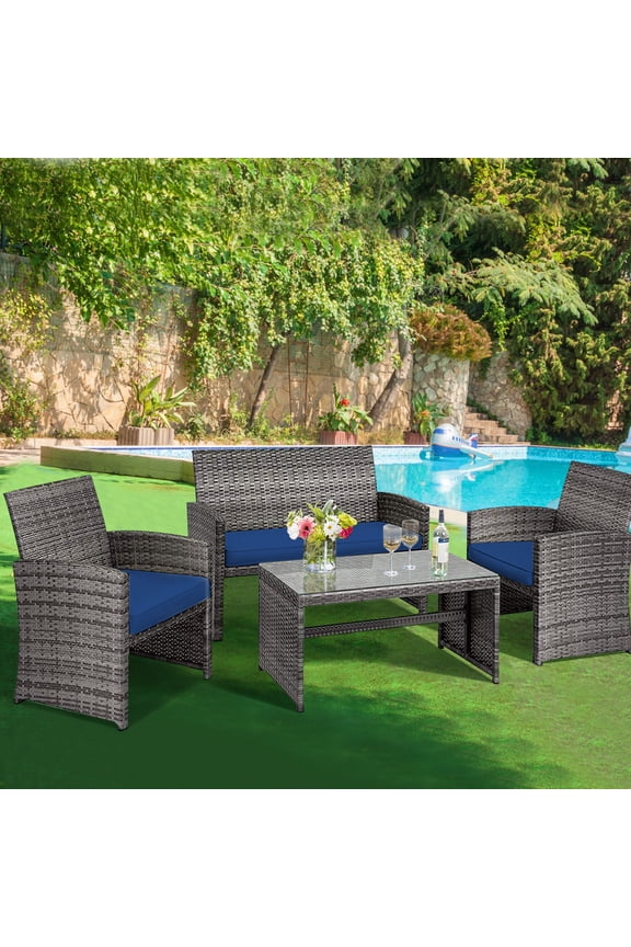 4PCS Patio Rattan Furniture Set Conversation Glass Table Top Sofa Cushioned Navy