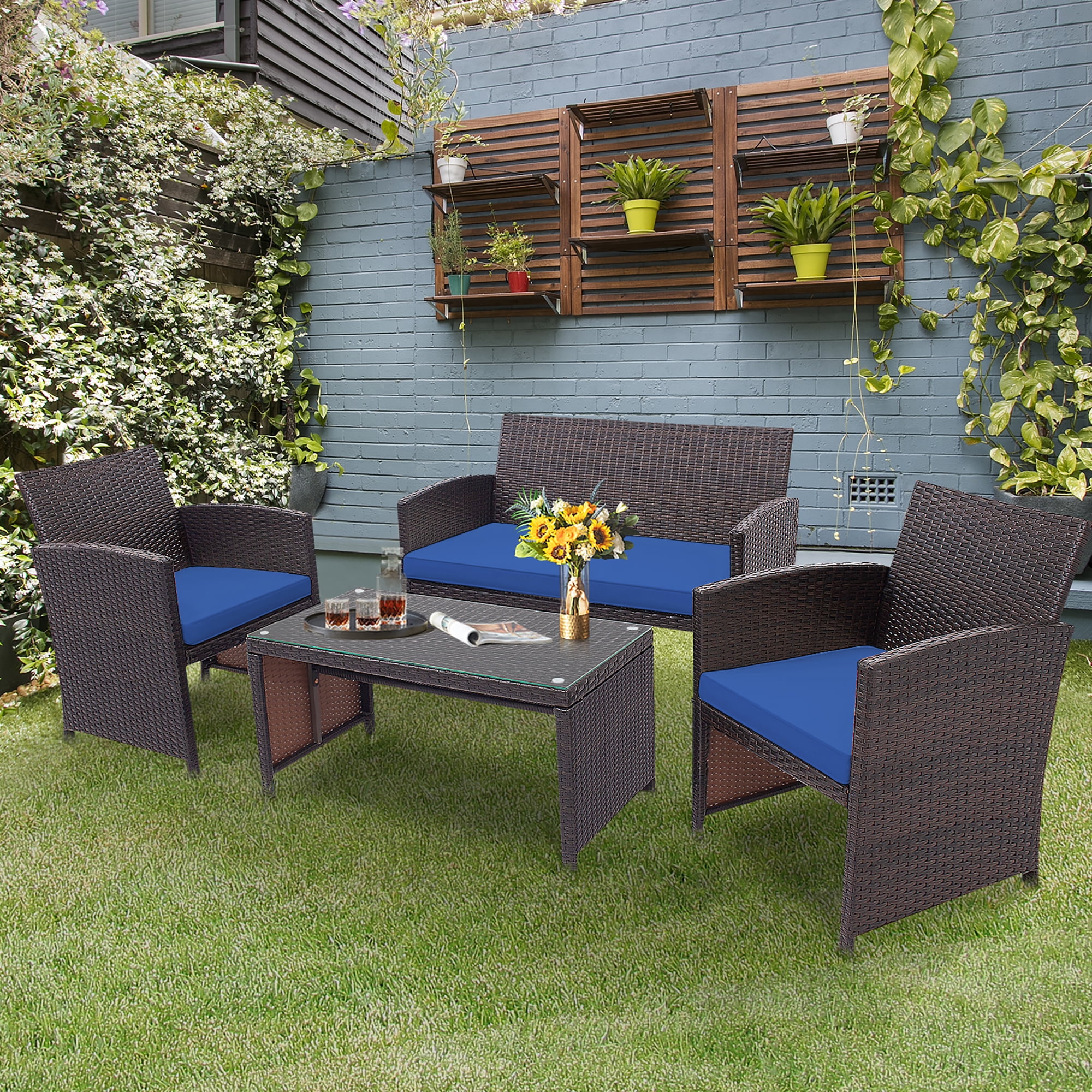 Costway 4PCS Patio Rattan Furniture Set Cushioned Chair Sofa Coffee Table Turquoise