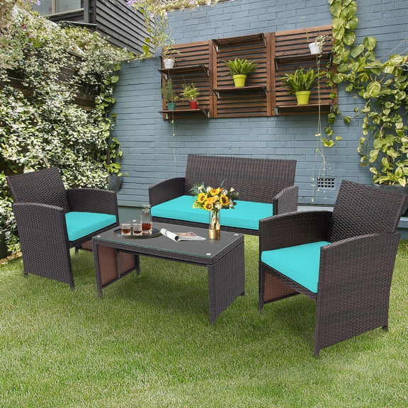 Costway 4PCS Patio Rattan Furniture Set Cushioned Chair Sofa Coffee Table Turquoise
