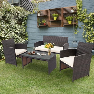 Costway 4PCS Patio Rattan Furniture Set Cushioned Chair Sofa Coffee Table White
