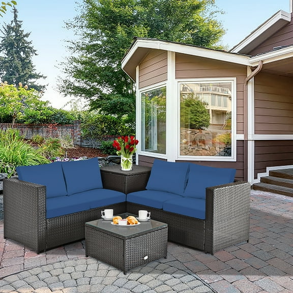 Costway 4PCS Patio Rattan Furniture Set Cushioned Loveseat Storage Table Navy