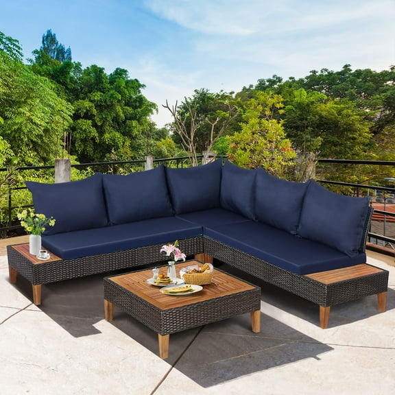 Costway 4PCS Patio Rattan Furniture Set Cushioned Loveseat w/Wooden Side Table Navy