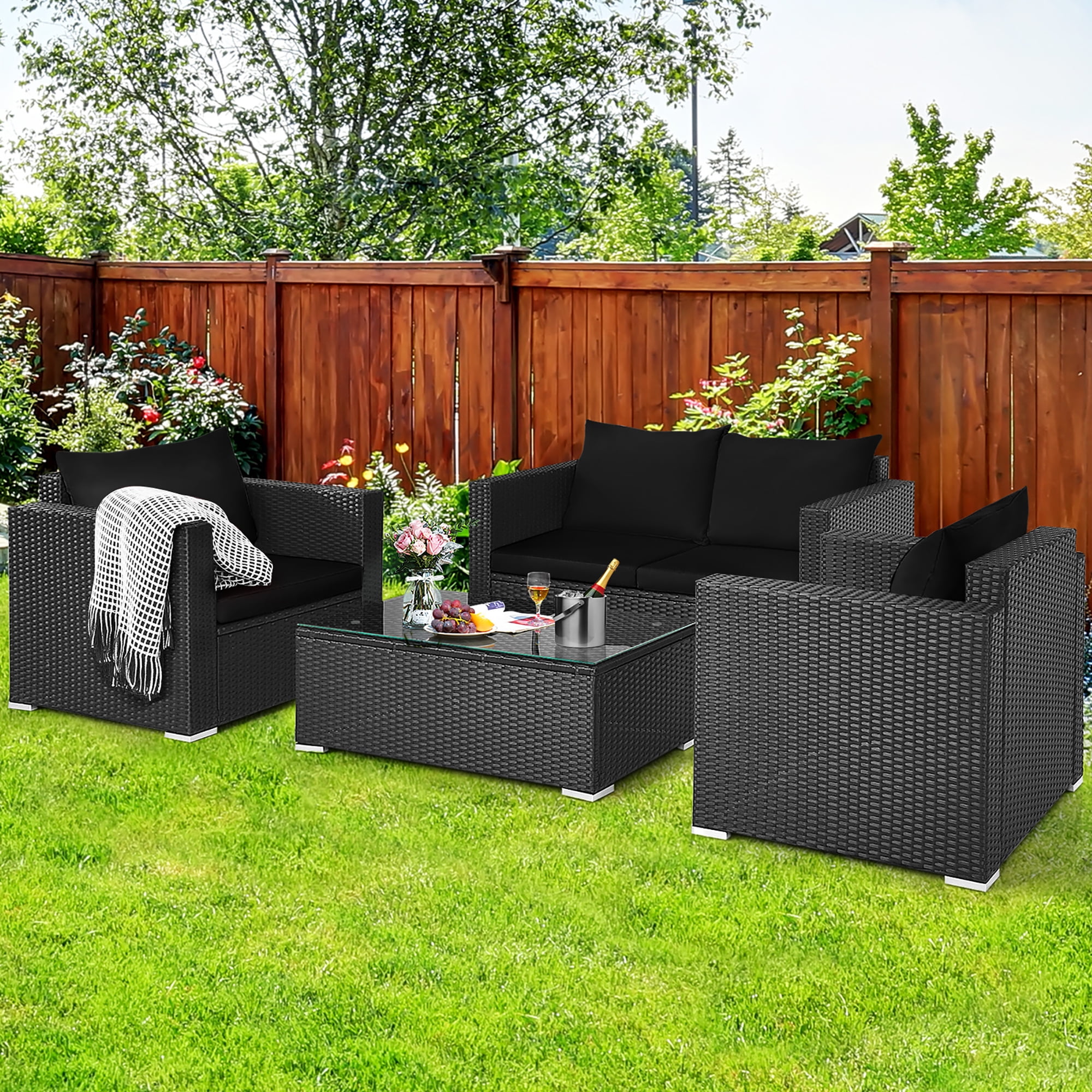 Costway 4PCS Patio Rattan Furniture Set, Cushioned Sofa Chair, Coffee Table, Black