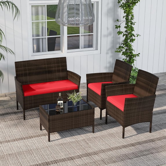 Costway 4PCS Patio Rattan Furniture Set Cushioned Sofa Coffee Table Backyard Porch Red