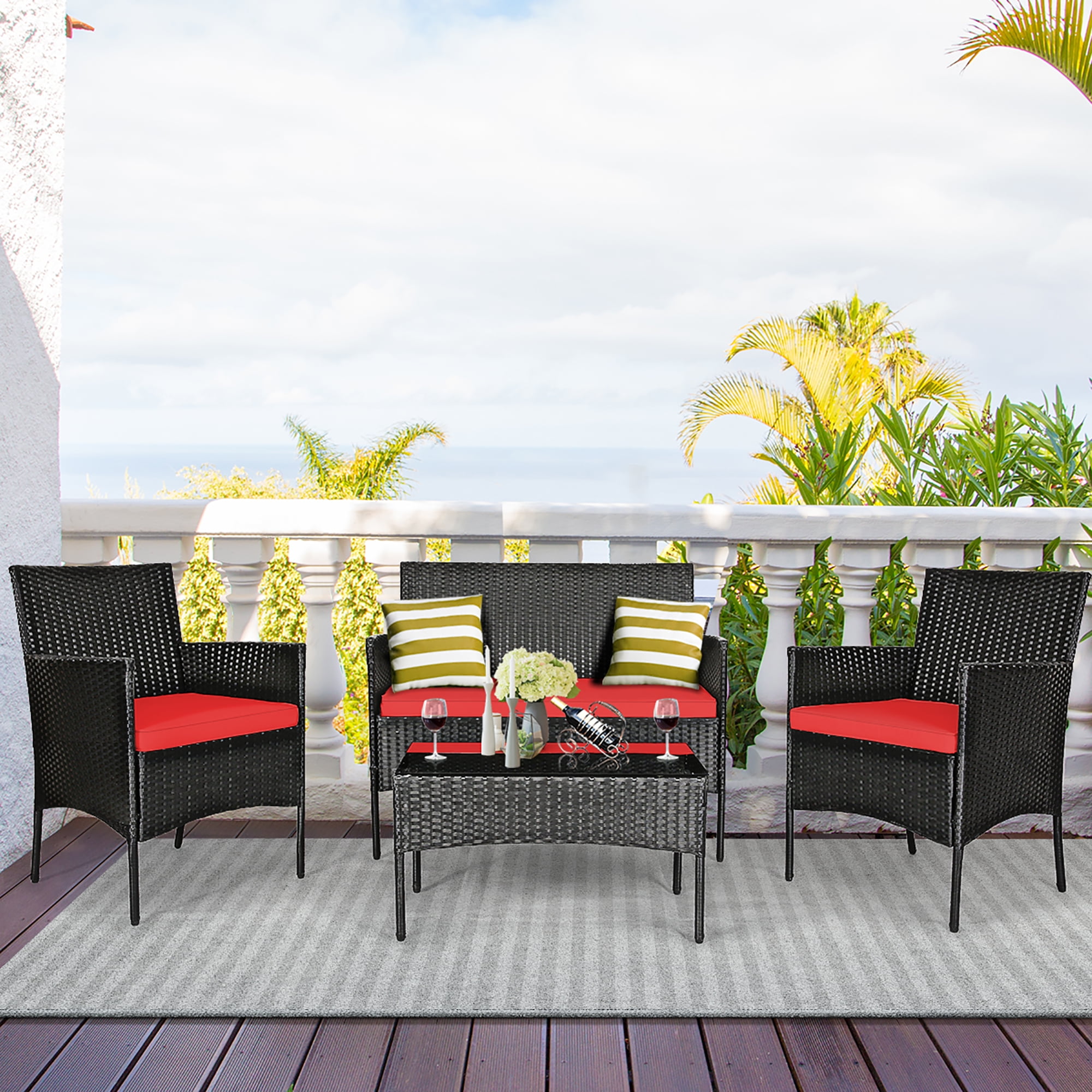Costway Outdoor 4PCS Patio Steel Rattan Furniture Set, Cushioned Sofa & Coffee Table for Backyard, Porch in Red