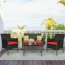 Costway 4PCS Patio Rattan Furniture Set Cushioned Sofa Coffee Table Backyard Porch Red