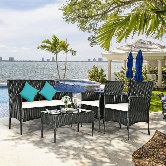 Costway 4PCS Outdoor Patio Rattan Set, Cushioned Sofa & Coffee Table