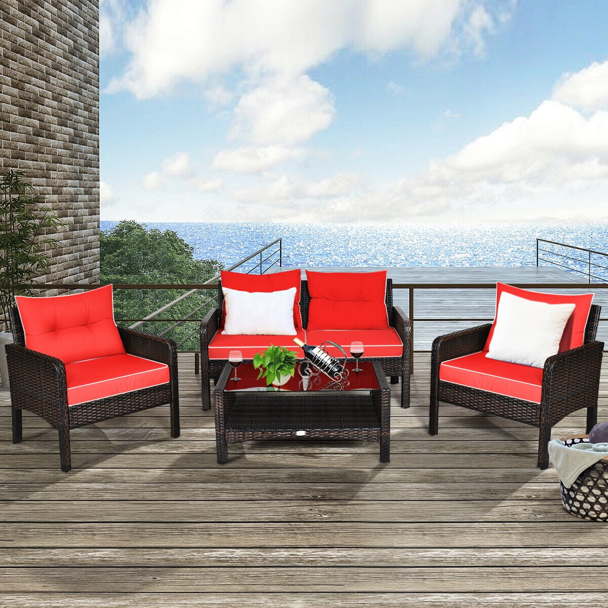 Costway 3PCS Patio Rattan Furniture Set Cushioned