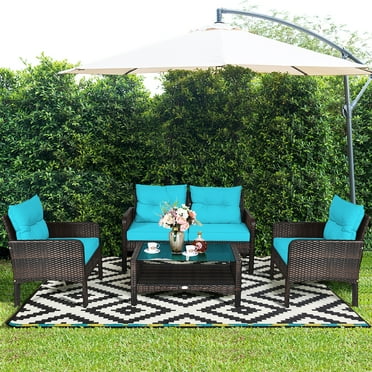 Costway 4PCS Patio Rattan Furniture Set Loveseat Sofa Coffee Table W/Turquoise Cushion