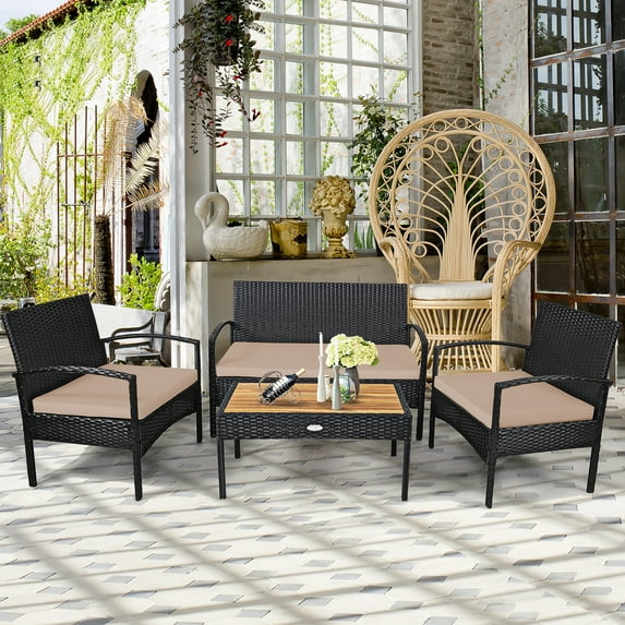 Costway 4PCS Patio Rattan Furniture Set Sofa Chair Coffee Table W/Cushion Brown