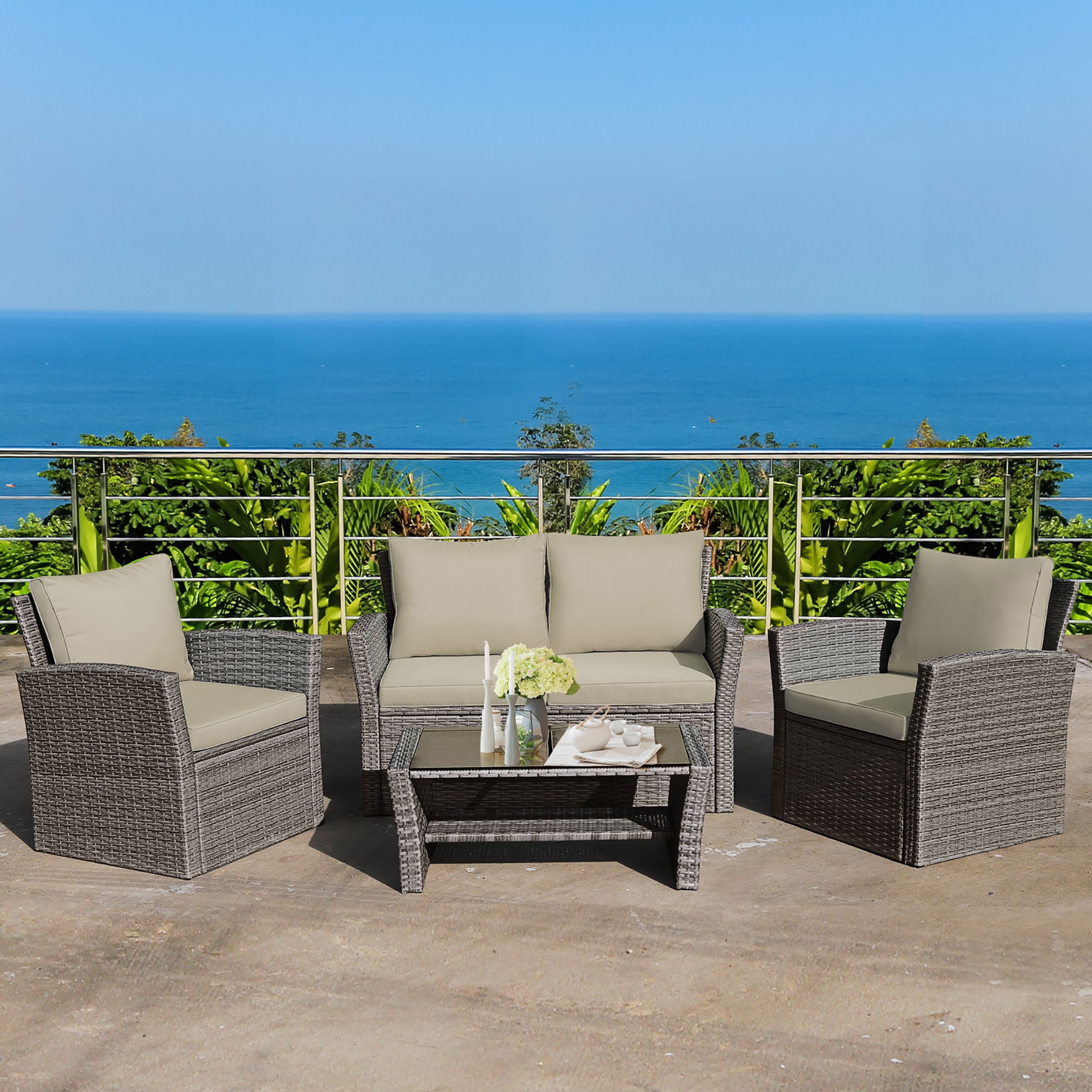 Costway 4PCS Durable Patio Rattan Set Sofa Table Shelf Weather Resistant Khaki Cushion Walmart