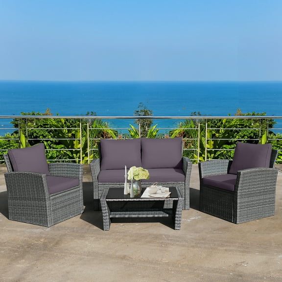 Costway 4PCS Patio Rattan Furniture Set Sofa Table W/Storage Shelf Gray Cushion