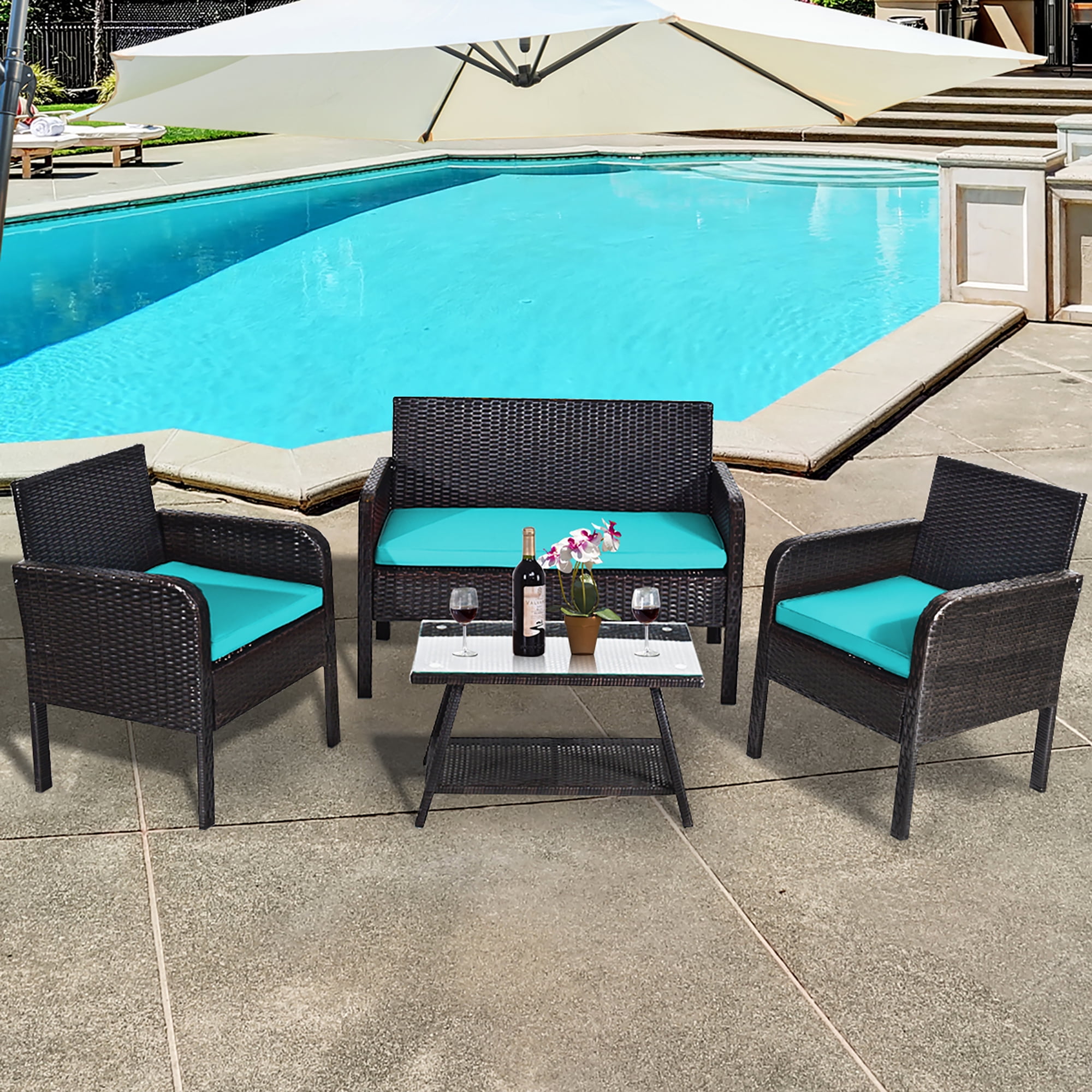 Costway 4PCS Patio Rattan Wicker Furniture Set Conversation Sofa Bench