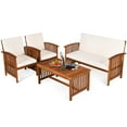 thumbnail image 1 of Costway 4PCS Patio Solid Wood Furniture Set Conversation Coffee Table W/White Cushion, 1 of 10