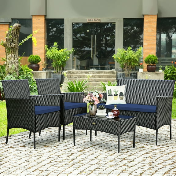 Costway 4PCS Patio Wicker Furniture Set Coffee Table Cushions w/Off White & Navy Cover