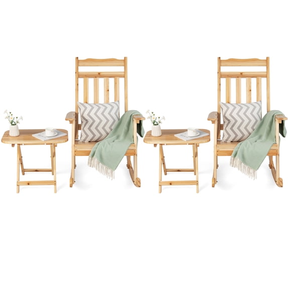 Costway 4PCS Patio Wooden Rocking Chair Bistro Set High Backrest with Folding Side Table Natural