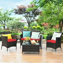 Costway 4PCS Rattan Patio Furniture Set Cushioned Sectional Sofa Chair Coffee Table Red