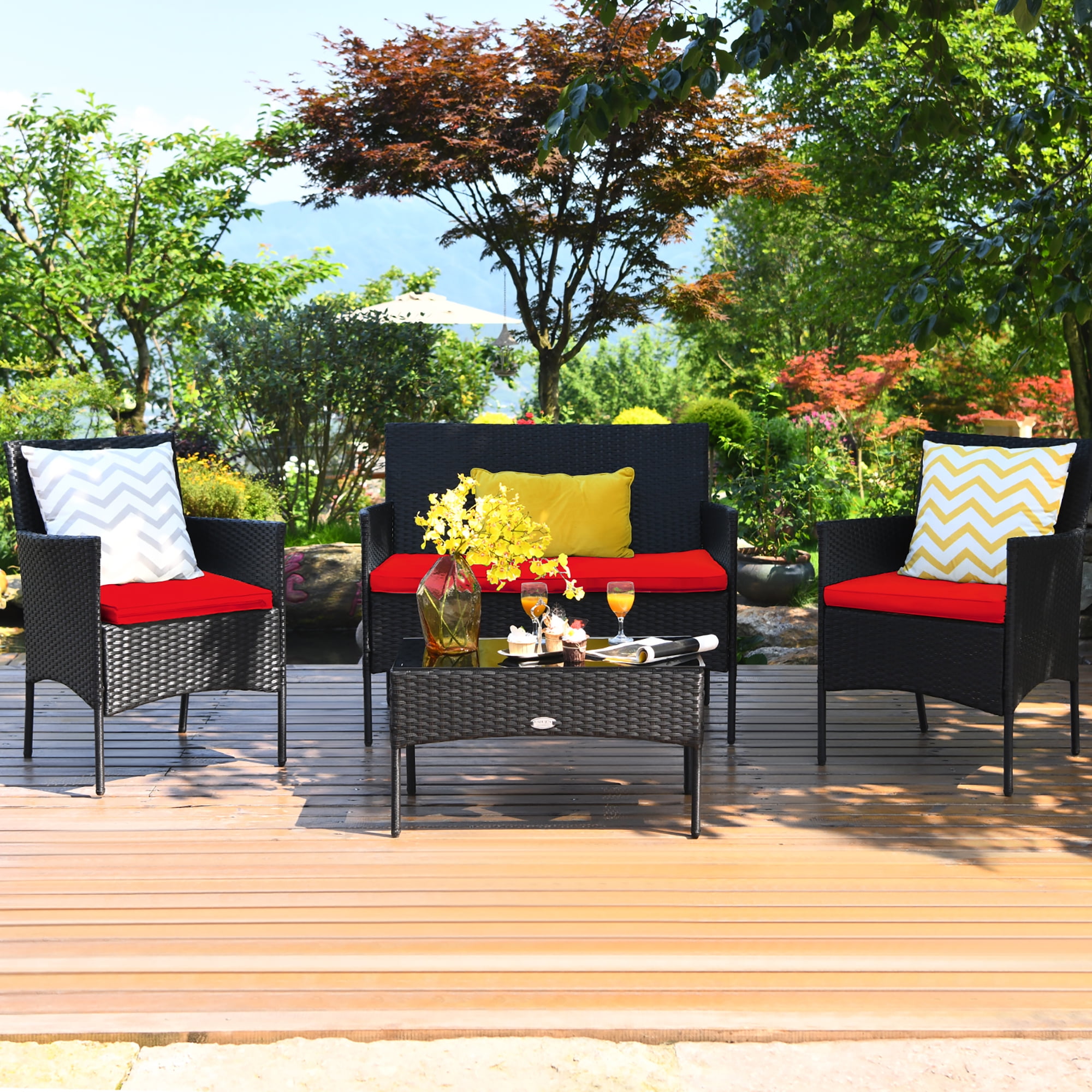 Costway 4PCS outdoor small Rattan Patio Furniture Set with Cushioned
