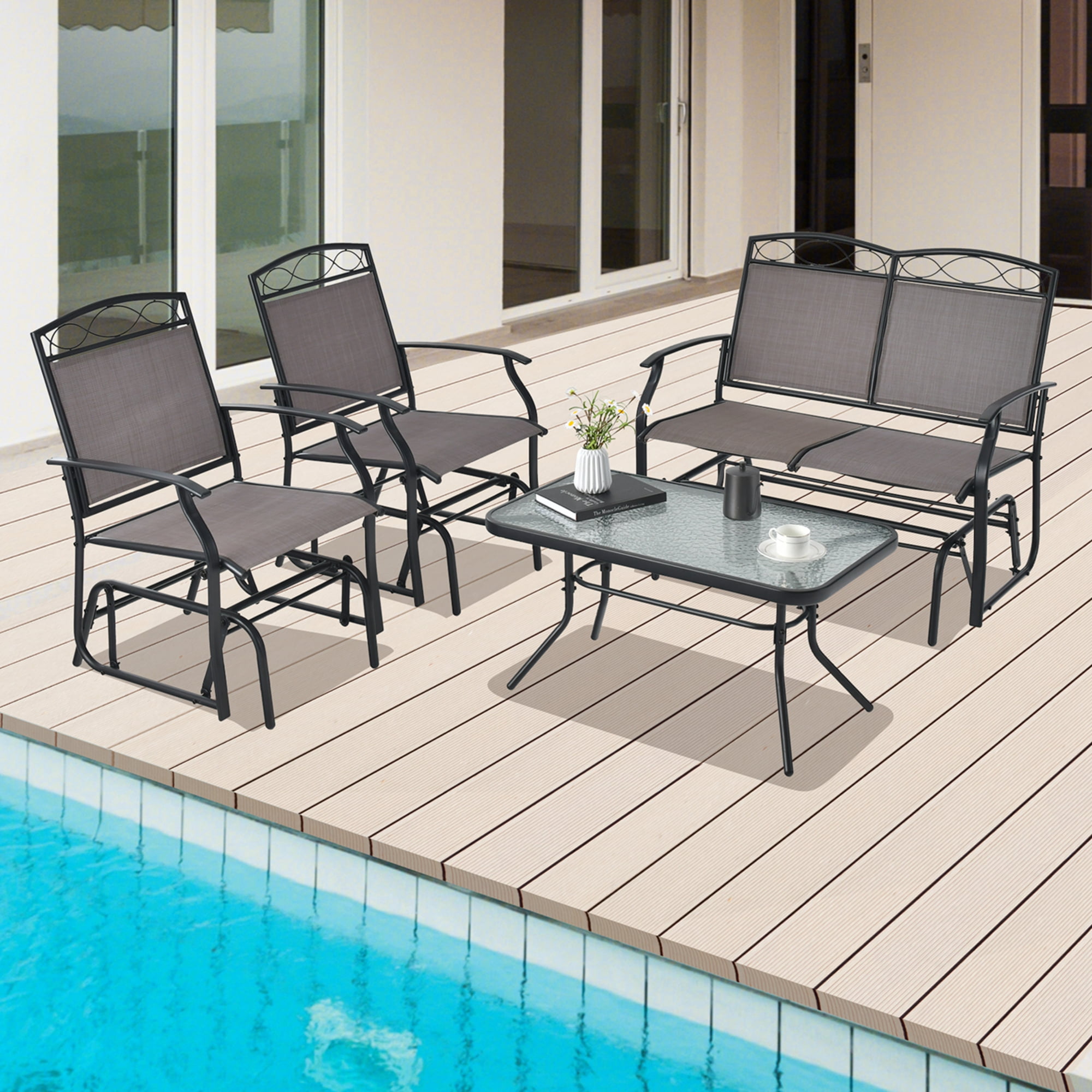 Costway 4pcs Patio Glider Conversation Set Swing Rocking Chair Table Heavy Duty Outdoor