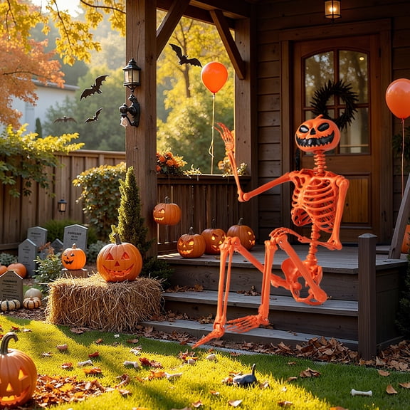 Costway 5.2 FT Poseable Halloween Skeleton Life-Size Decoration with Pumpkin Head Orange