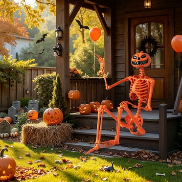 Costway 5.2 FT Poseable Halloween Skeleton Life-Size Decoration with Pumpkin Head Orange