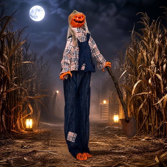 Costway 5.3 ft Lighted Standing Pumpkin Man with Waving Hands Moving Head Prop for Farm