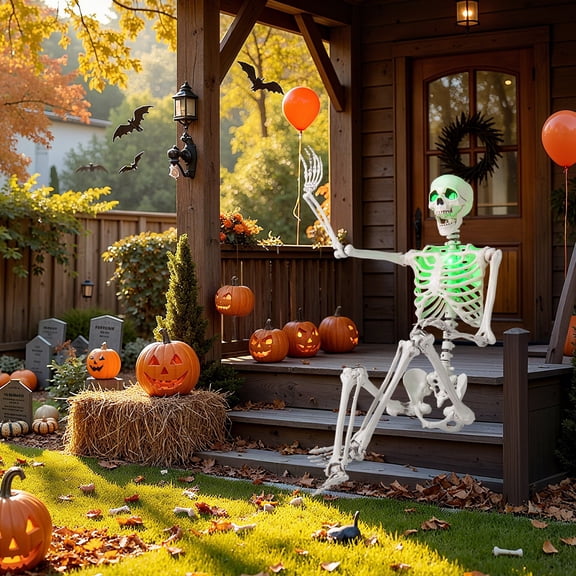 Costway 5.5 FT Poseable Halloween Skeleton Life-Size Decoration with Built-in Lights Green