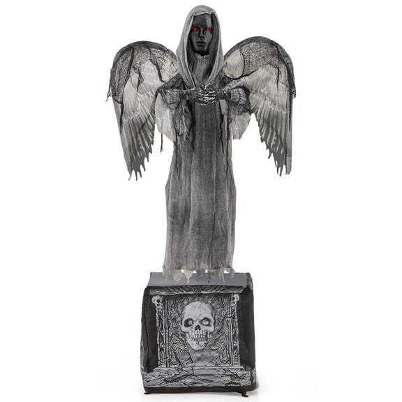 Costway 5.5ft Halloween Animatronic Decoration Animated Praying Angel Statue with Light Up Eyes & Shaking Wings