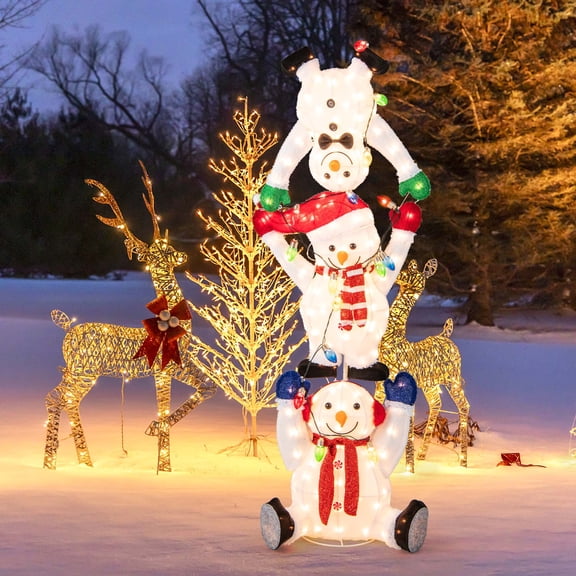 Costway 5.6 FT Pre-Lit Stacked Snowmen Christmas Decoration with LED Lights Xmas Display
