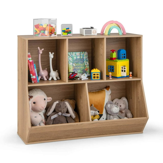 Costway 5-Cubby Kids Toy Storage Organizer Wooden Bookshelf Display Cabinet Natural