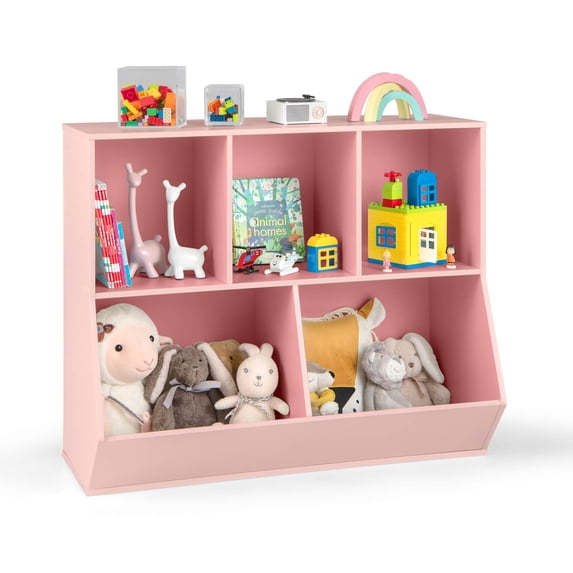 Costway 5-Cubby Kids Toy Storage Organizer Wooden Bookshelf Display Cabinet Pink
