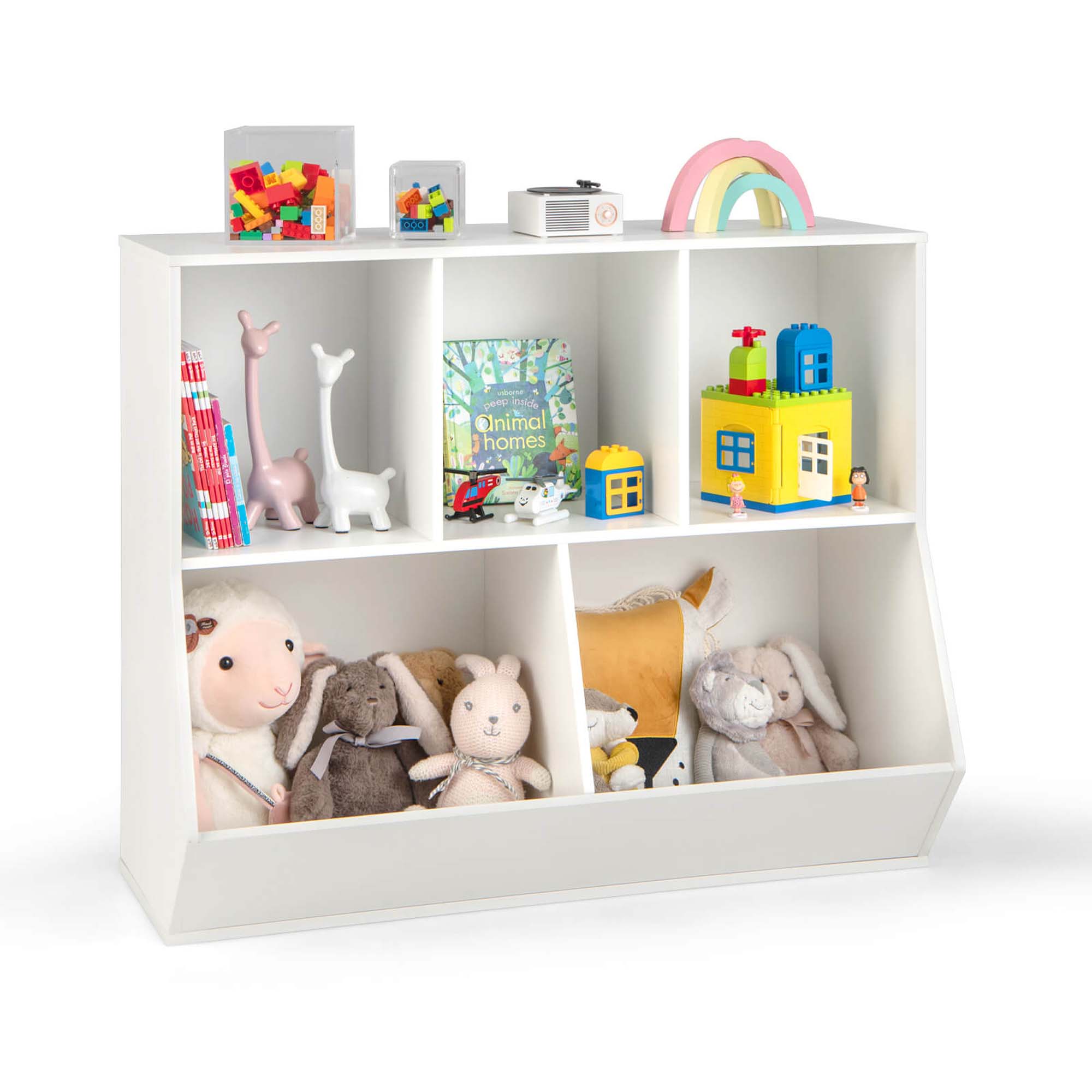 Costway 5-Cubby Kids Toy Storage Organizer Wooden Bookshelf Display Cabinet White - image 1 of 10